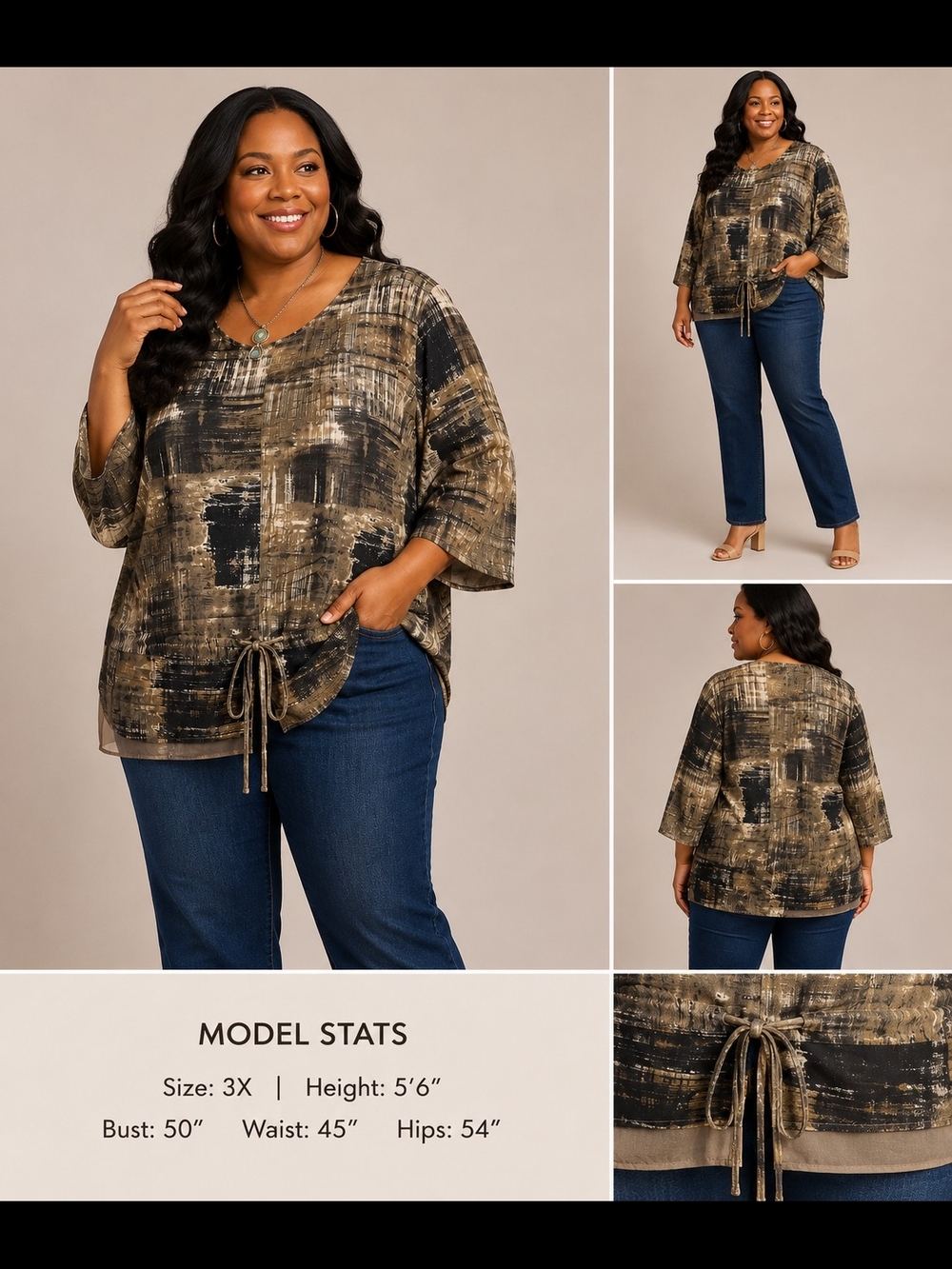 Marla Wynne Women’s 3X Abstract Print Tie Front Sheer Overlay Tunic
